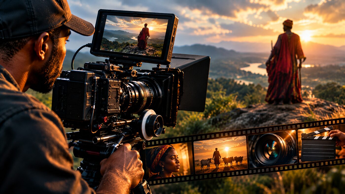 Cinematographer framing a scene at sunset